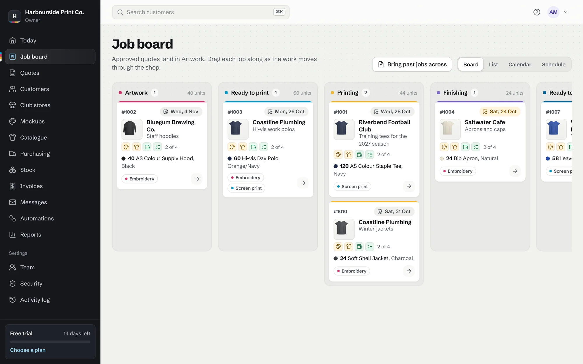 The job board with jobs in each stage