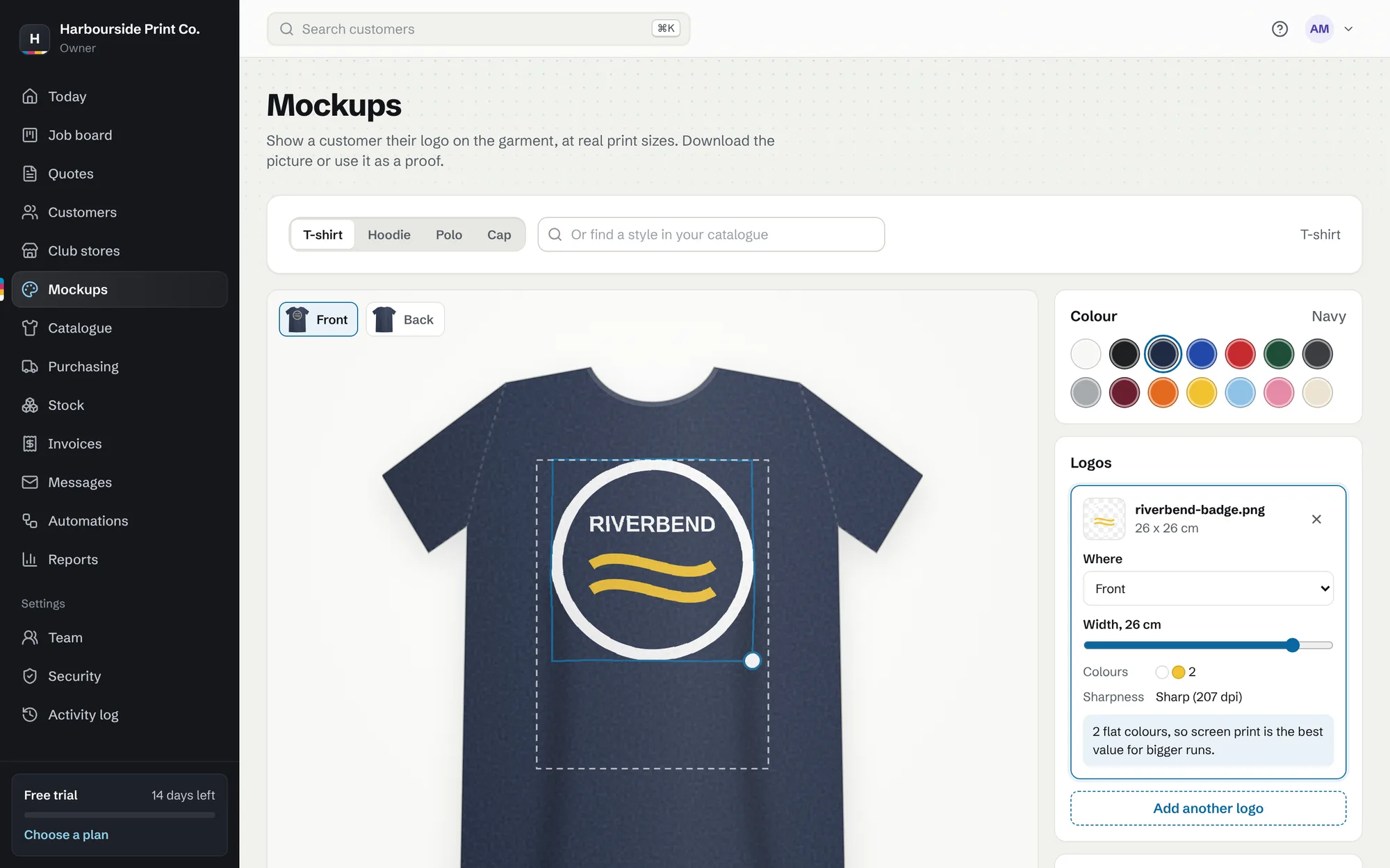 The mockup builder with a logo on a navy tee