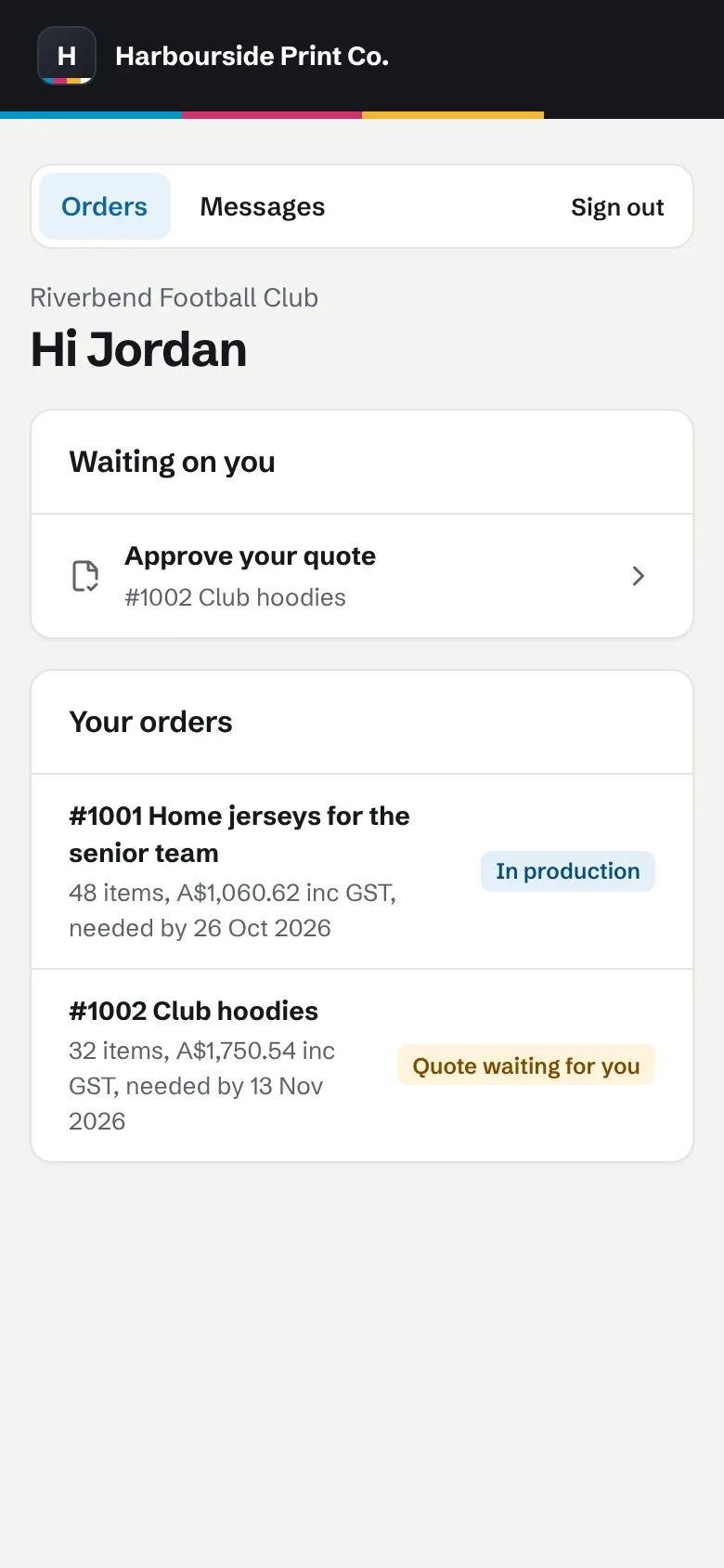 A customer's orders in the customer portal on a phone