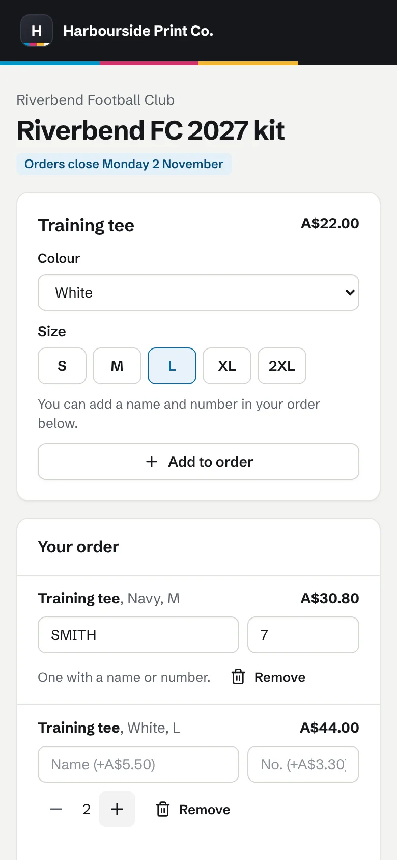 A club store on a phone with sizes and names