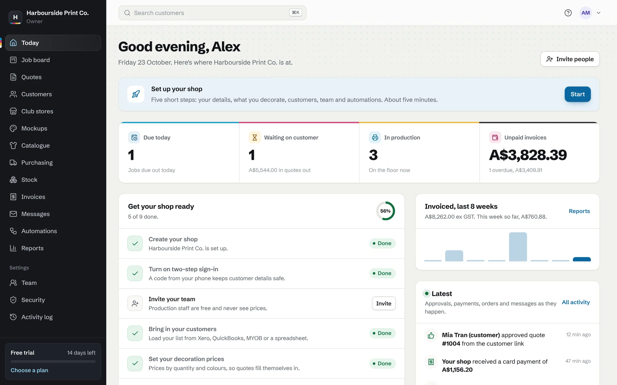 The Today page with jobs due, quotes waiting and unpaid invoices